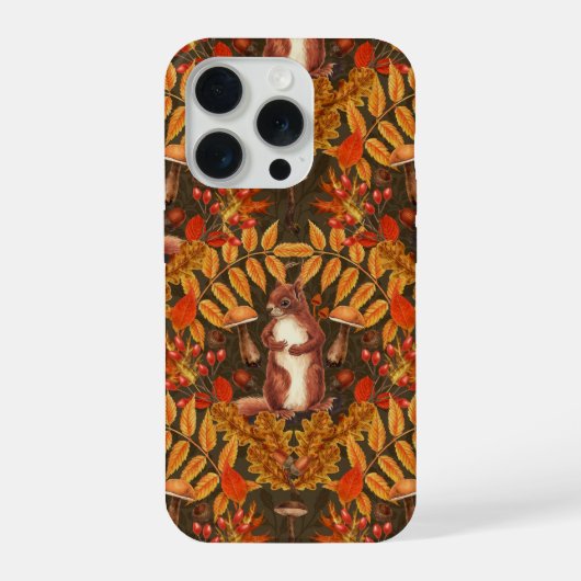 濃い茶色の背景の秋のリス iPhoneケース (裏面)