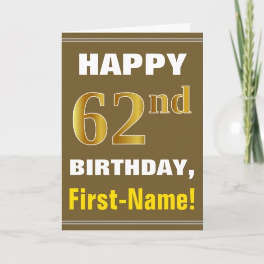 **濃い茶色** 偽の金箔 62歳の誕生日 名前入りカード カード (正面)