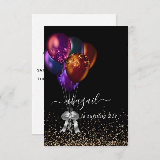 濃い虹色のバルーン誕生日パーティー 招待状 (正面/裏面)