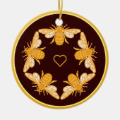 濃い豊かな茶色の金ゴールドの縁輪に5匹のミツバチ セラミックオーナメント (正面)