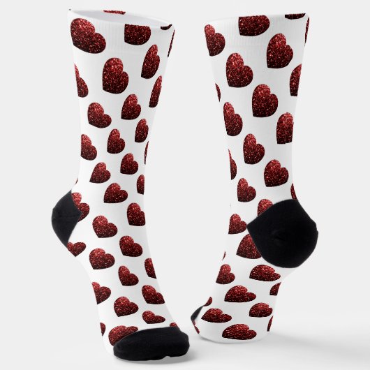 濃い赤いハートグリッターキラキラ模様ホワイト ソックス (傾斜あり)