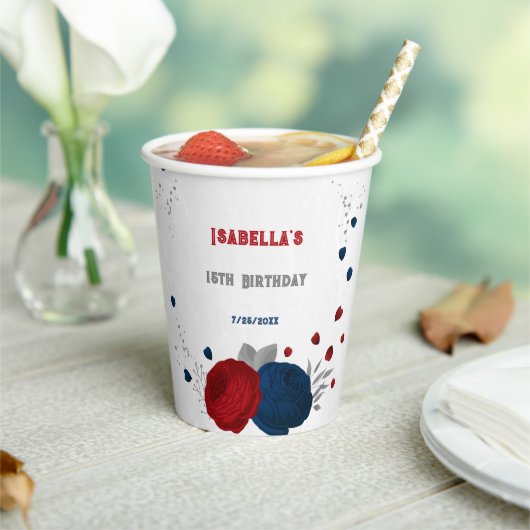 濃い赤とネイビーブルーの花 シルバー 紙コップ (インサイチュ)
