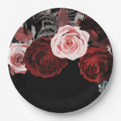 濃い赤とピンクの花フローラ結婚緑 ペーパープレート (正面)