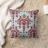 濃い赤と埃っぽいライトティール（緑がかった色）ダマスクパターン クッション (ブランケット)