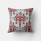 濃い赤と埃っぽいライトティール（緑がかった色）ダマスクパターン クッション (裏面)