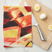 濃い赤と強い筋が付いた黄変のバンド キッチンタオル (四つ折り)