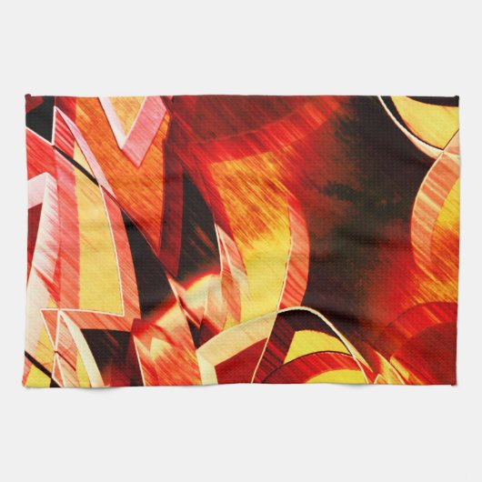 濃い赤と強い筋が付いた黄変のバンド キッチンタオル (横)