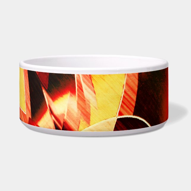 濃い赤と強い筋が付いた黄変のバンド ボウル (正面)