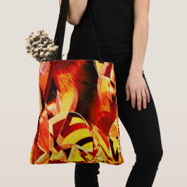 濃い赤と強い縞の黄変のミックス トートバッグ