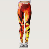 濃い赤と強い縞の黄変のミックス レギンス (正面)