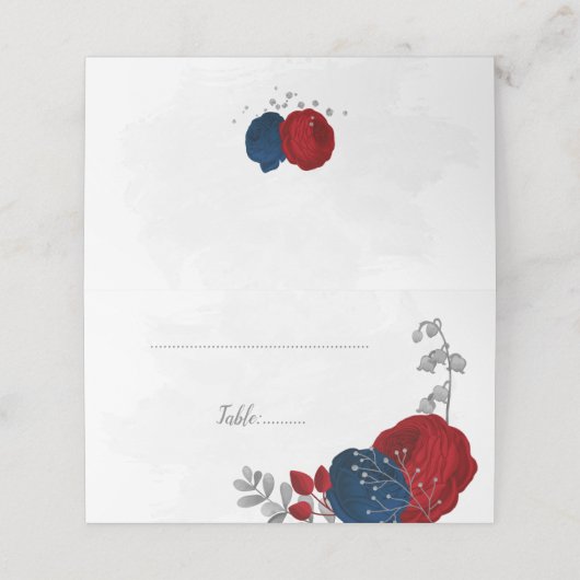 濃い赤と海軍の青の花の植物性のプラ結婚グ プレイスカード (外部開封)