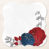 濃い赤と濃い青の花シルバー ペーパーコースター (正面)