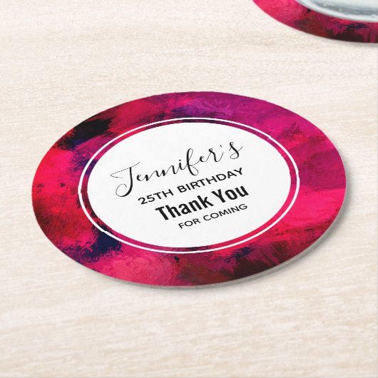 濃い赤と紫のはっきりした抽象芸術モダン誕生日 ラウンドペーパーコースター (アングル)