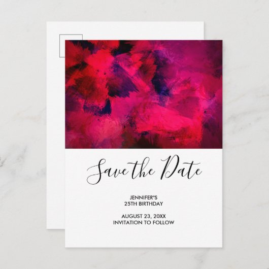 濃い赤と紫のはっきりした誕生日日付の保存 インビテーションポストカード (正面/裏面)