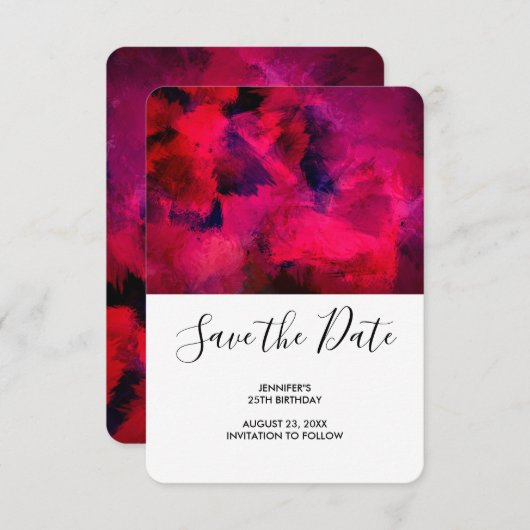濃い赤と紫の抽象芸術誕生日 セーブザデート (正面/裏面)