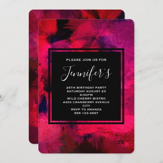 濃い赤と紫の抽象芸術誕生日 招待状 (正面/裏面)