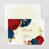 濃い赤と紺の花結婚金ゴールド感謝していよ サンキューカード (正面/裏面)