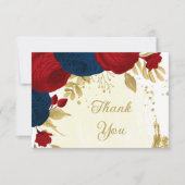 濃い赤と紺の花金ゴールド サンキューカード (正面)