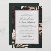 濃い赤と緑の金ゴールドムーディエレガントーフローラ結婚ズ 招待状 (正面/裏面)