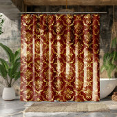 濃い赤と金ゴールドのフローラジオメトリックマスク シャワーカーテン