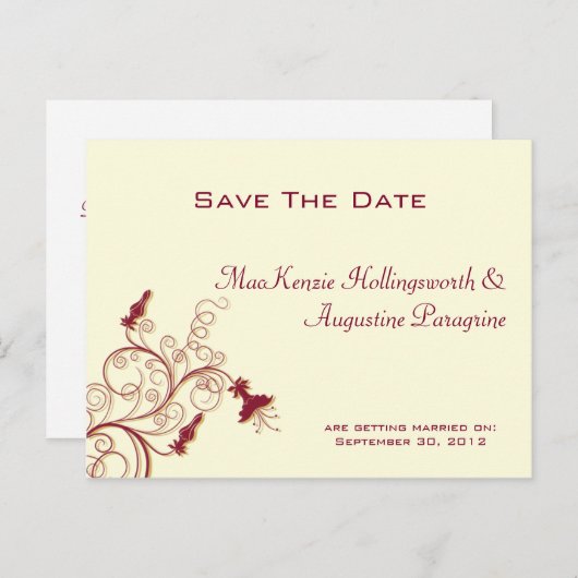 濃い赤と金ゴールドの渦巻きが日付を保存 案内ポストカード (正面/裏面)