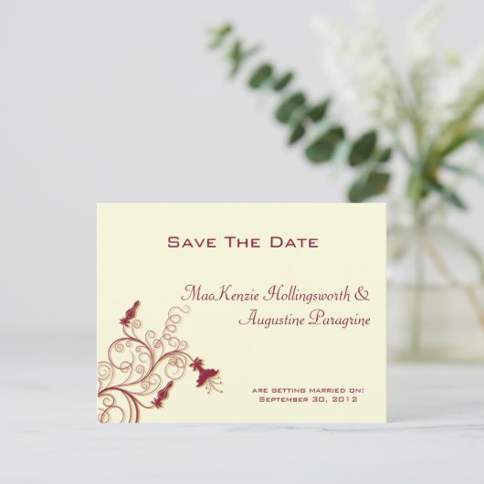 濃い赤と金ゴールドの渦巻きが日付を保存 案内ポストカード (スタンド正面)