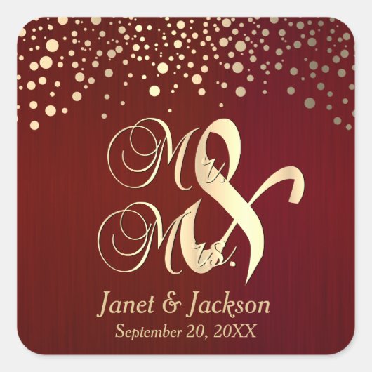 濃い赤と金ゴールドの紙吹雪点 スクエアシール (正面)