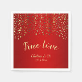 濃い赤と金ゴールドの紙吹雪点 スタンダードカクテルナプキン (正面)