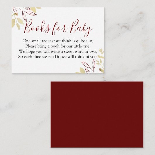 濃い赤と金ゴールドの葉の赤ちゃんのシャワー本のリクエスト エンクロージャーカード (正面/裏面)