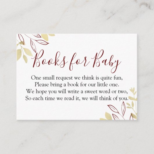 濃い赤と金ゴールドの葉の赤ちゃんのシャワー本のリクエスト エンクロージャーカード (正面)