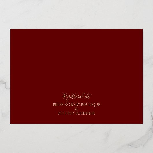 濃い赤と金ゴールドモダン牡丹トイレベビースシャワー 箔招待状 (裏面)