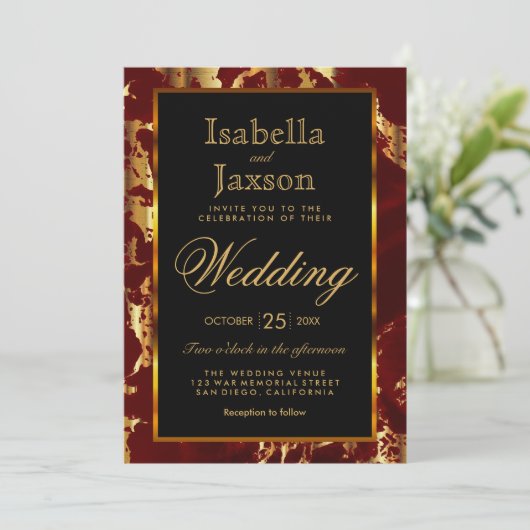 濃い赤と金ゴールド大理石と黒の招待状 招待状 (スタンド正面)