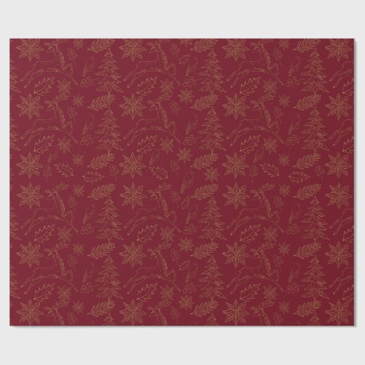 濃い赤と金色の色彩のクリスマス ラッピングペーパー (フラット)