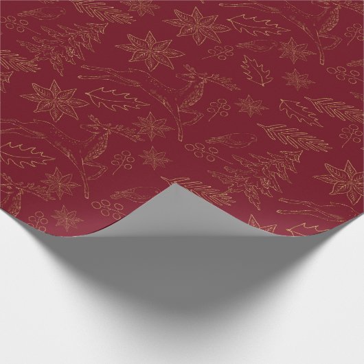 濃い赤と金色の色彩のクリスマス ラッピングペーパー (角)