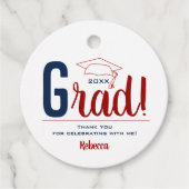 濃い赤と青の卒業キャップ フェイバータグ (正面)