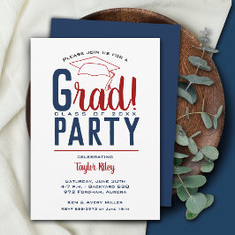 濃い赤と青の卒業パーティー 招待状