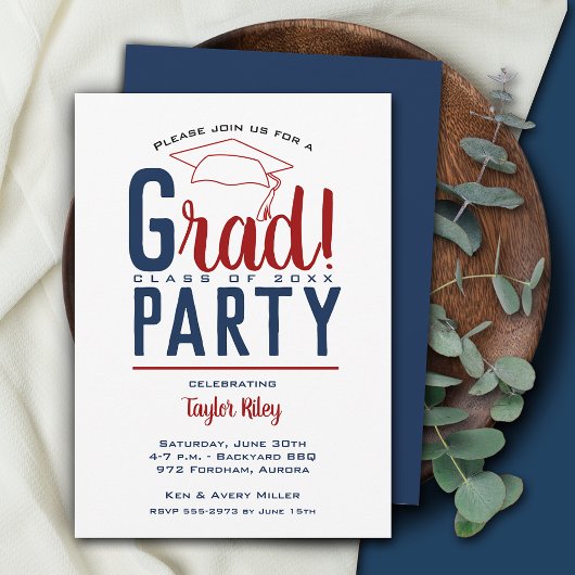 濃い赤と青の卒業パーティー 招待状