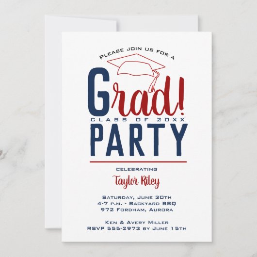 濃い赤と青の卒業パーティー 招待状 (正面)