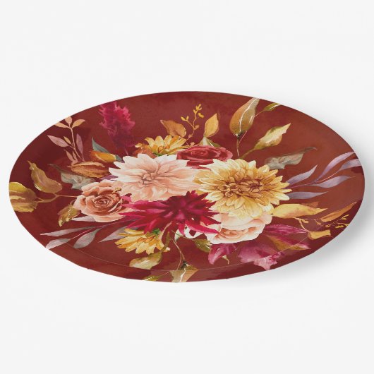 濃い赤と黄色のダリア結婚の花 ペーパープレート (アングル)