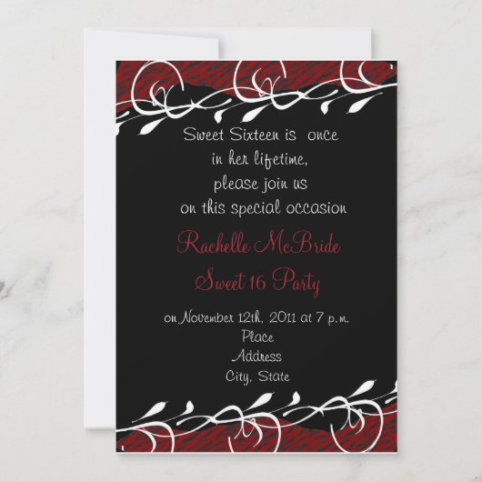 濃い赤と黒のゼブラ印刷スイート16招待状 招待状 (裏面)