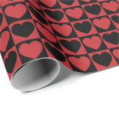 濃い赤と黒のパター市松模様にンとハート ラッピングペーパー (ロールコーナー)