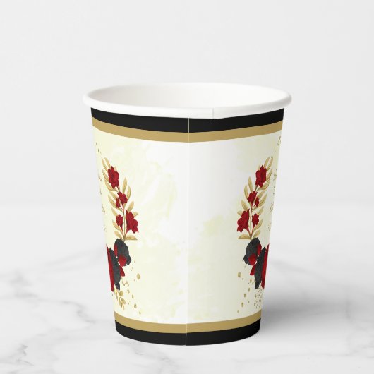 濃い赤と黒の花のゴールドボタニカルリース 紙コップ (右)
