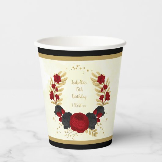 濃い赤と黒の花のゴールドボタニカルリース 紙コップ (正面)