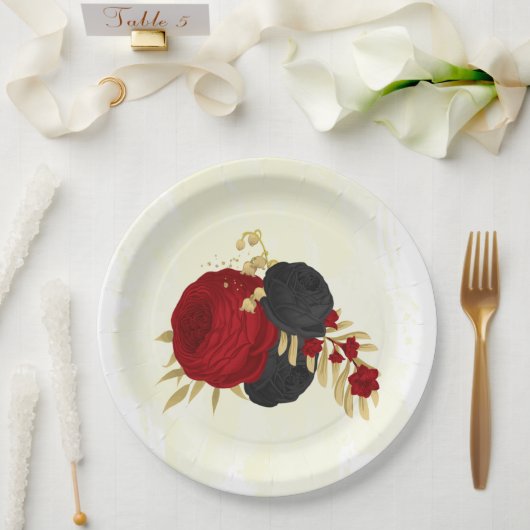 濃い赤と黒の花の金ゴールド ペーパープレート (ウェディング)