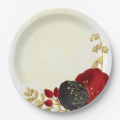 濃い赤と黒の花の金ゴールド ペーパープレート (正面)