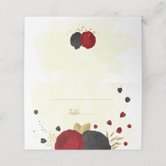 濃い赤と黒の花金ゴールド結婚植物体 プレイスカード (外部開封)