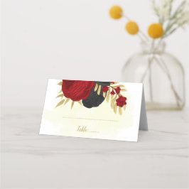 濃い赤と黒の花金ゴールド結婚植物体 プレイスカード