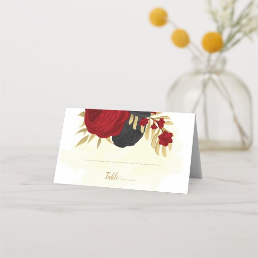 濃い赤と黒の花金ゴールド結婚植物体 プレイスカード (正面)