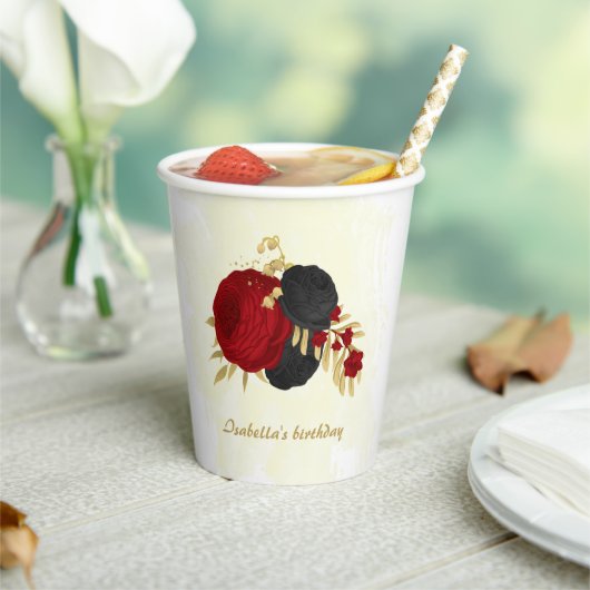 濃い赤と黒の花 ゴールド 紙コップ (インサイチュ)