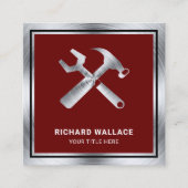 濃い赤のスチールハンドマン自動修理整備士 スクエア名刺 (正面)